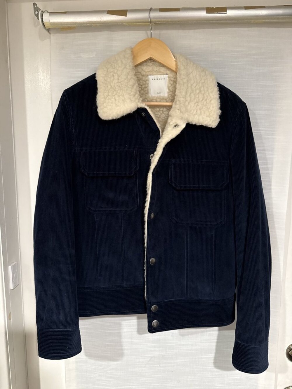 Sandro Paris Navy Corduroy Sherpa Lined Trucker Jacket Size M (fits like Small)